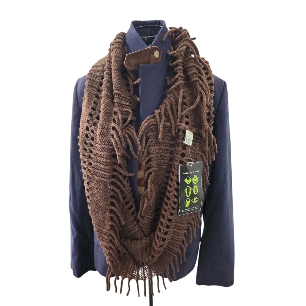 NEW Anna & Ava Infinity Scarf Womens OS Brown Boho Crochet Fringe Knit layering